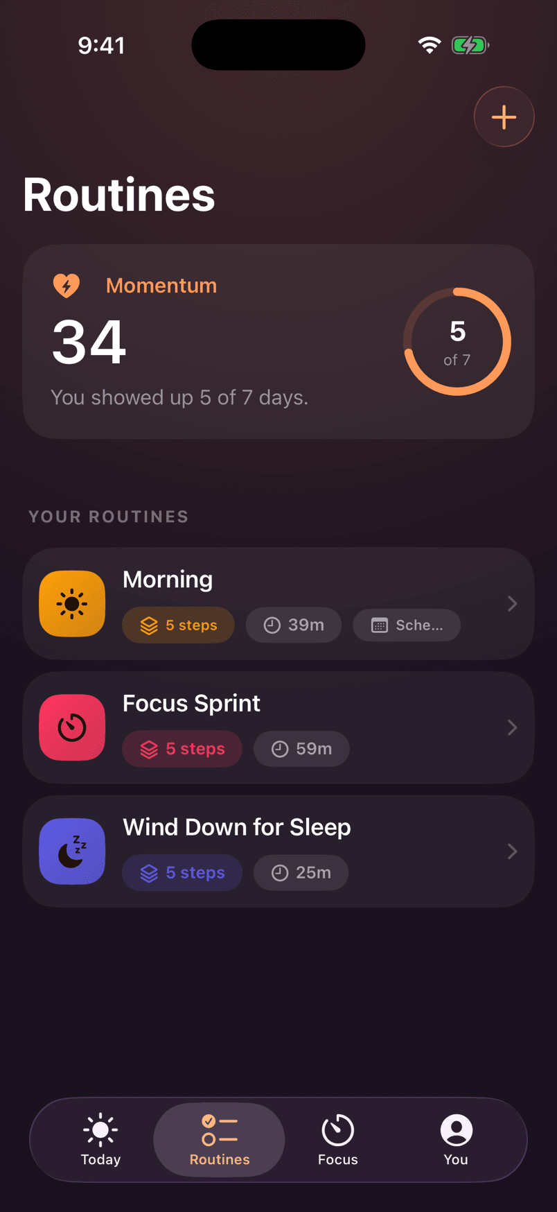 The Routines tab: the momentum card above a list of routines — Morning with 5 steps and a schedule, Focus Sprint, and Wind Down for Sleep